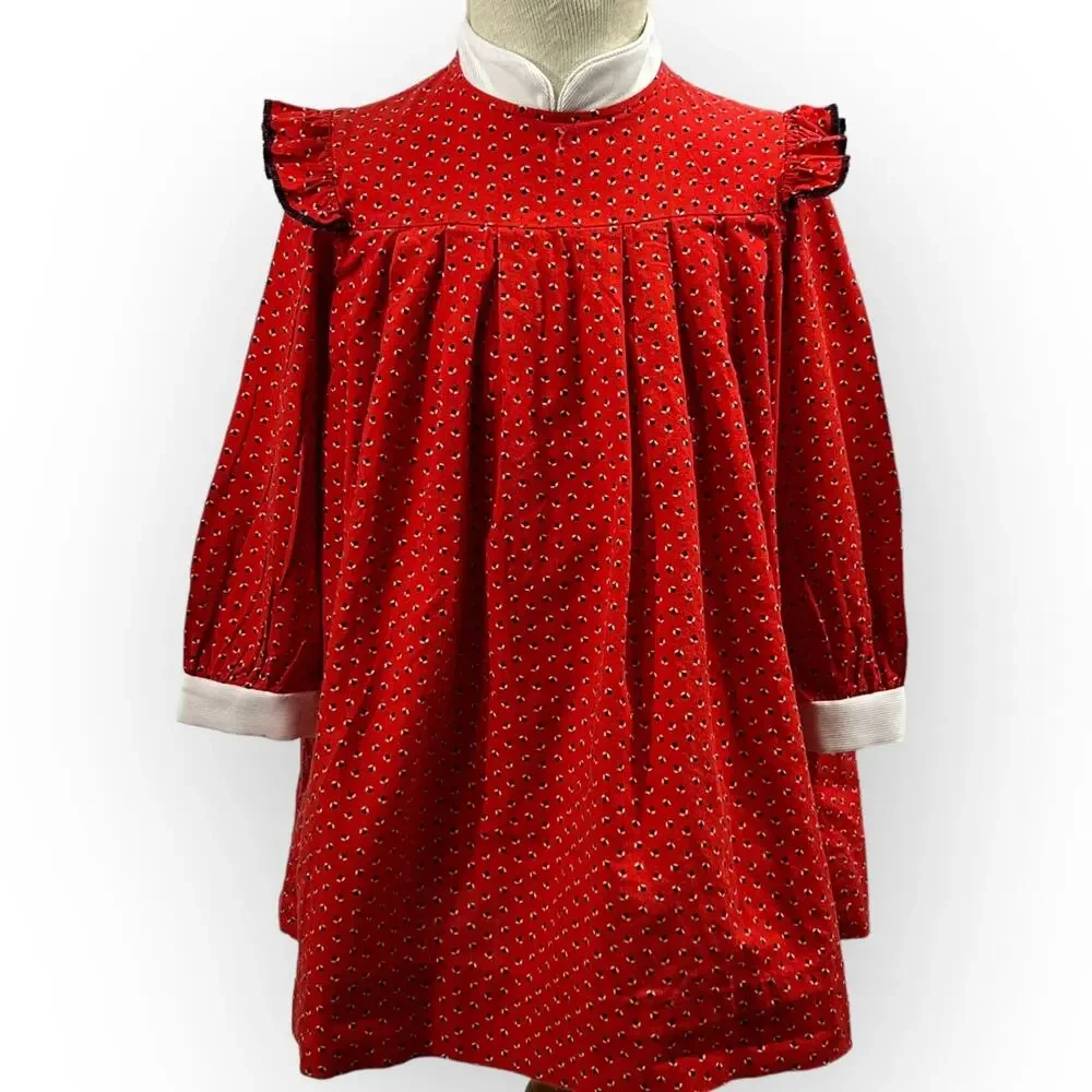 Vintage Youngland Prairie Dress Girls 5 Red Calico Smocked Christmas Dress